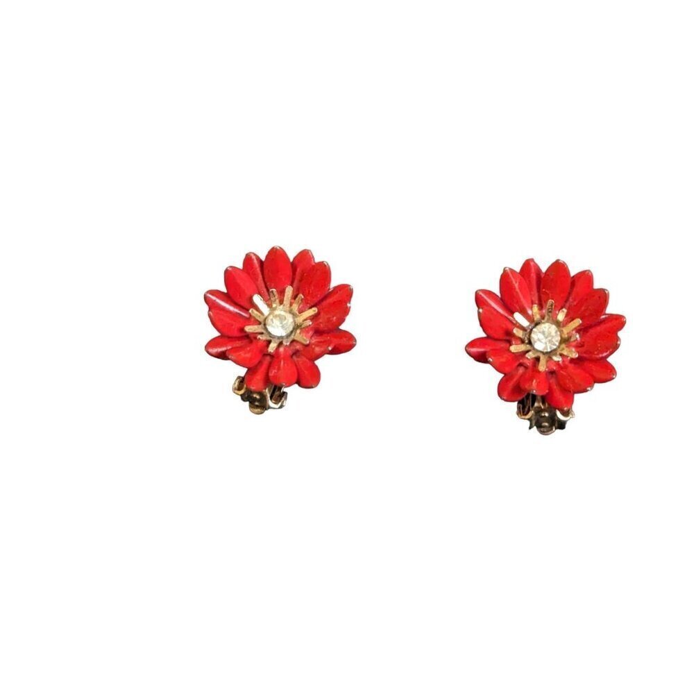 Vintage Coro Red Enamel Flower Clip On Earrings Rhinestone Center Gold Tone